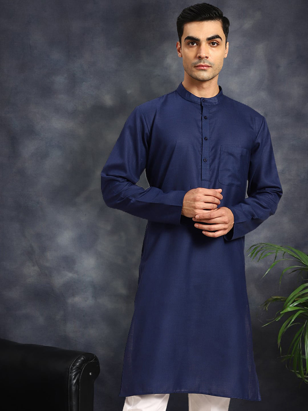 

Anouk Mandarin Collar Cotton Kurta, Blue