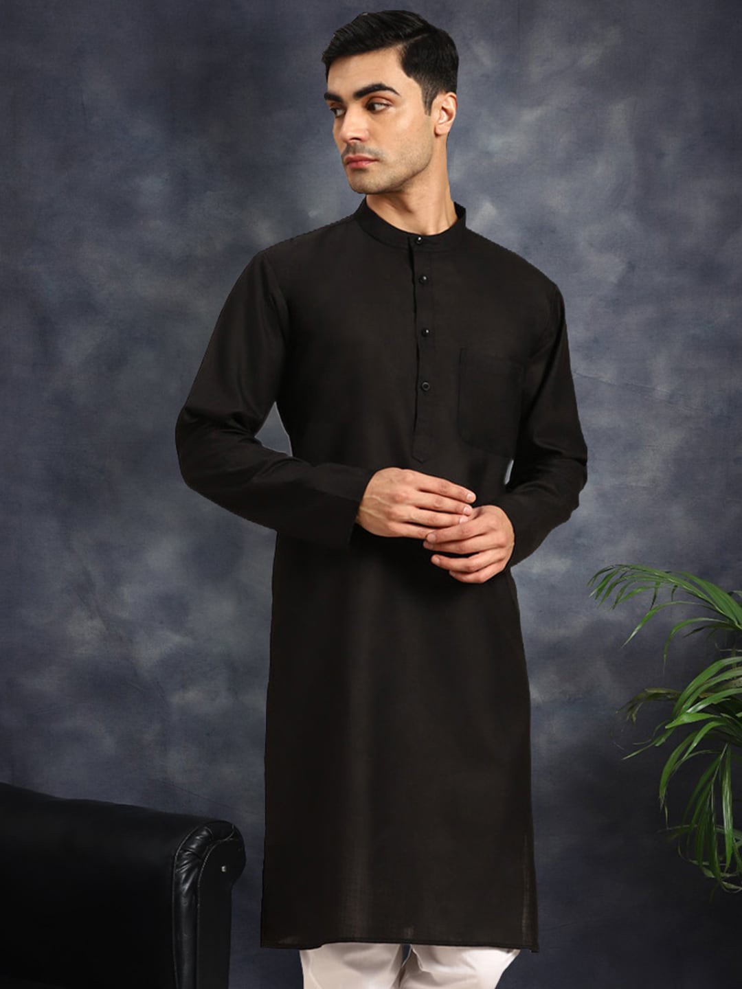 

Anouk Mandarin Collar Cotton Kurta, Black