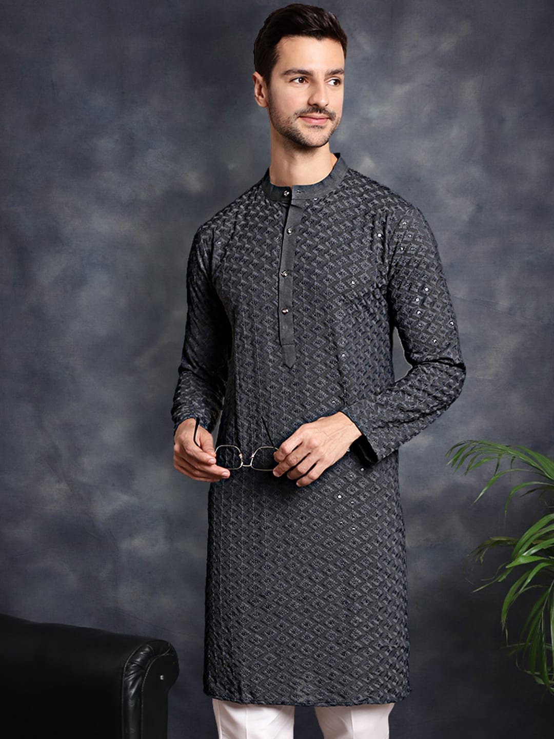 

Anouk Men Striped Thread Work Kurta, Grey