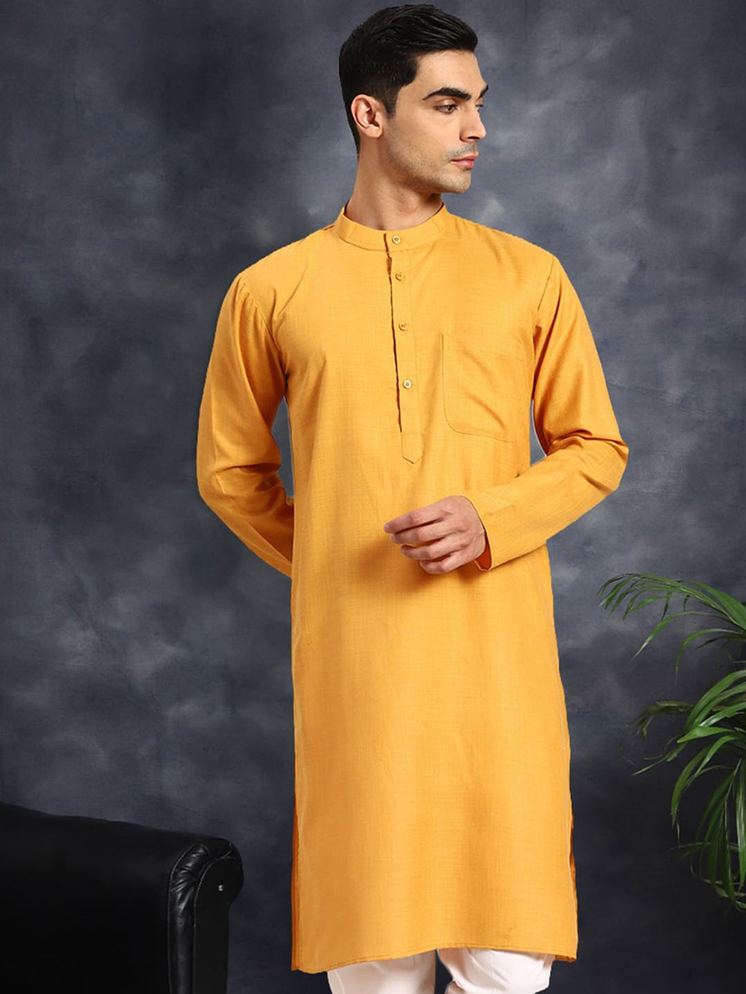 

Anouk Men Striped Thread Work Kurta, Mustard