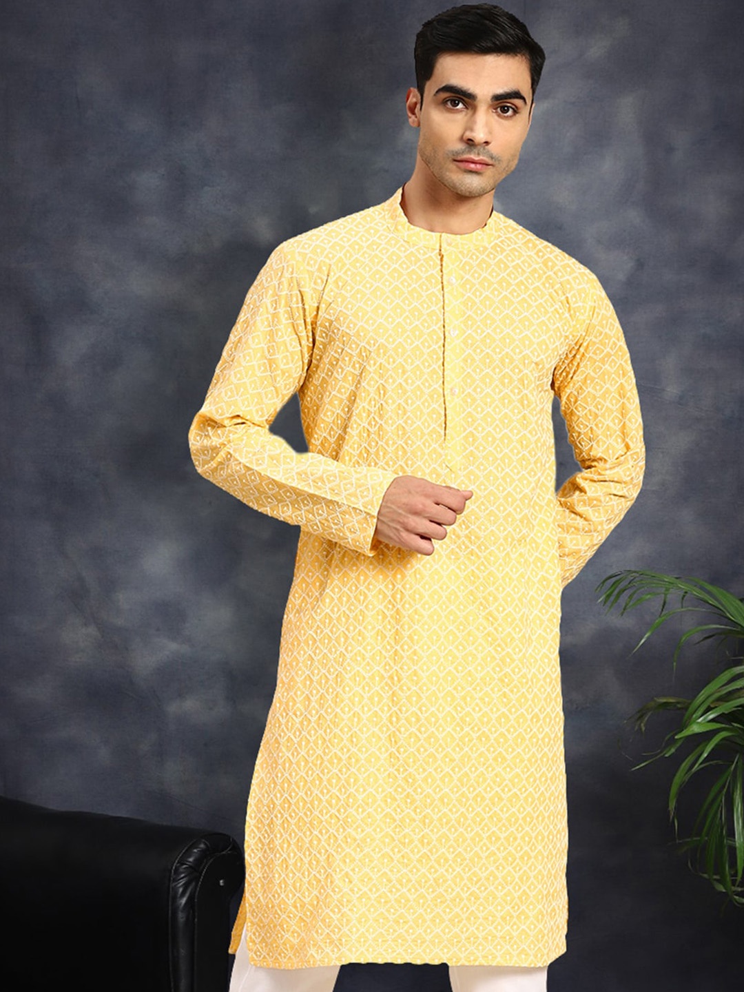 Anouk Geometric Embroidered A-Line Kurta, Yellow