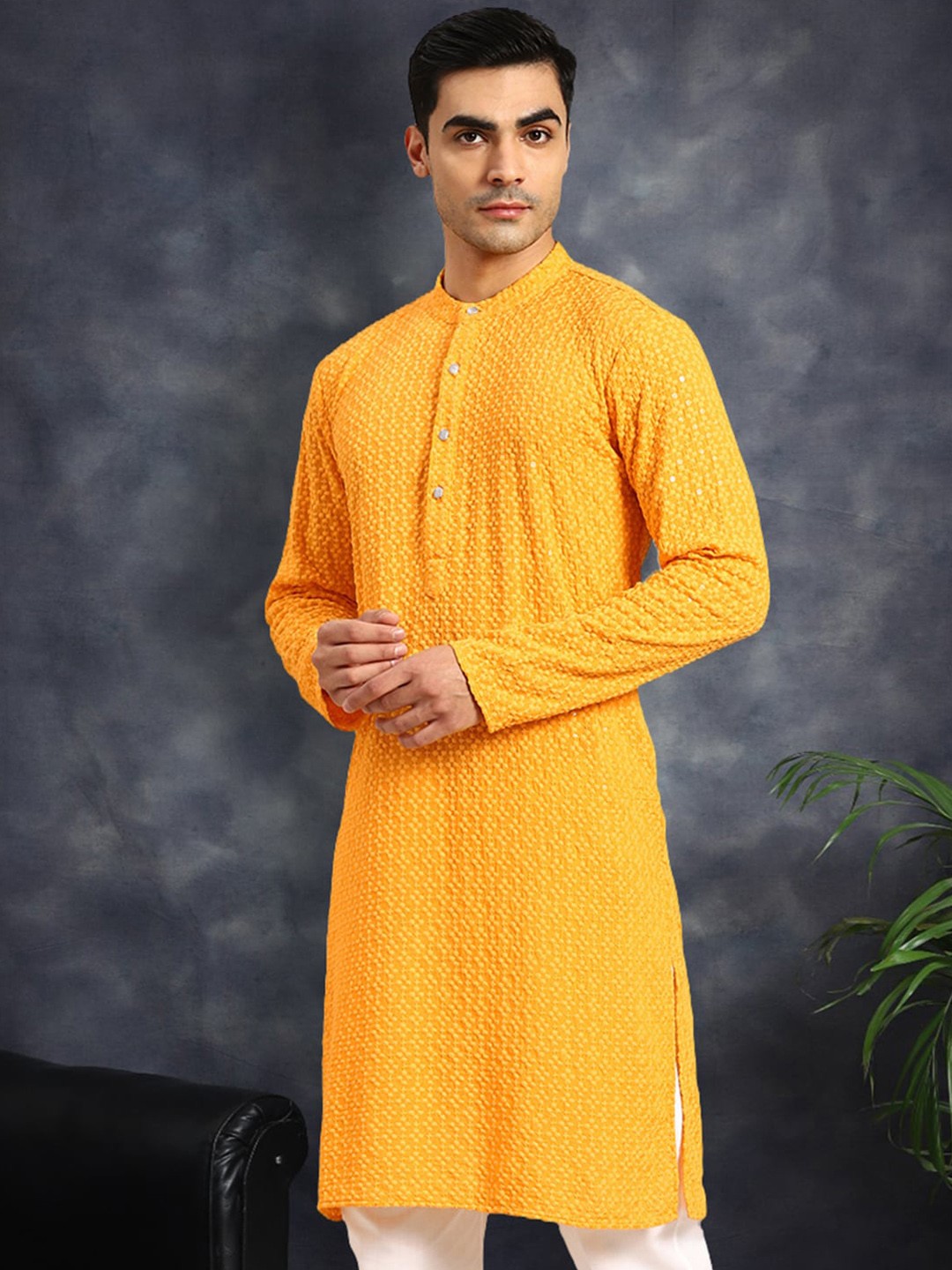 

Anouk Embroidered With Sequinned Pure Cotton Kurta, Yellow