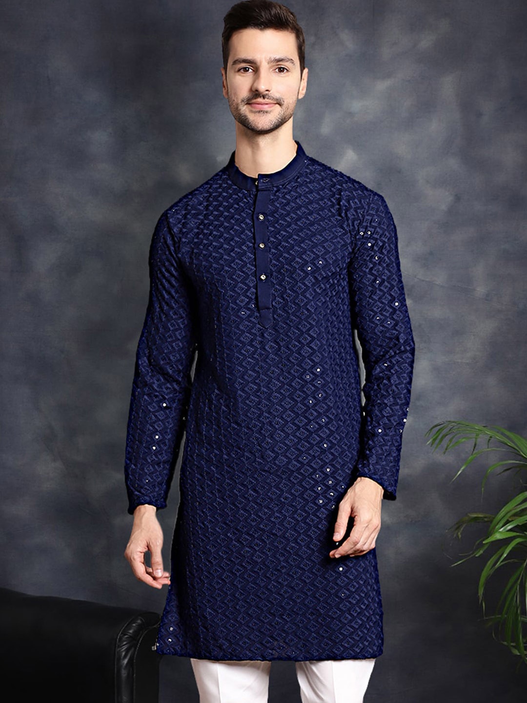 

Anouk Navy Blue Embroidered Mandarin Collar Sequinned Straight Kurta