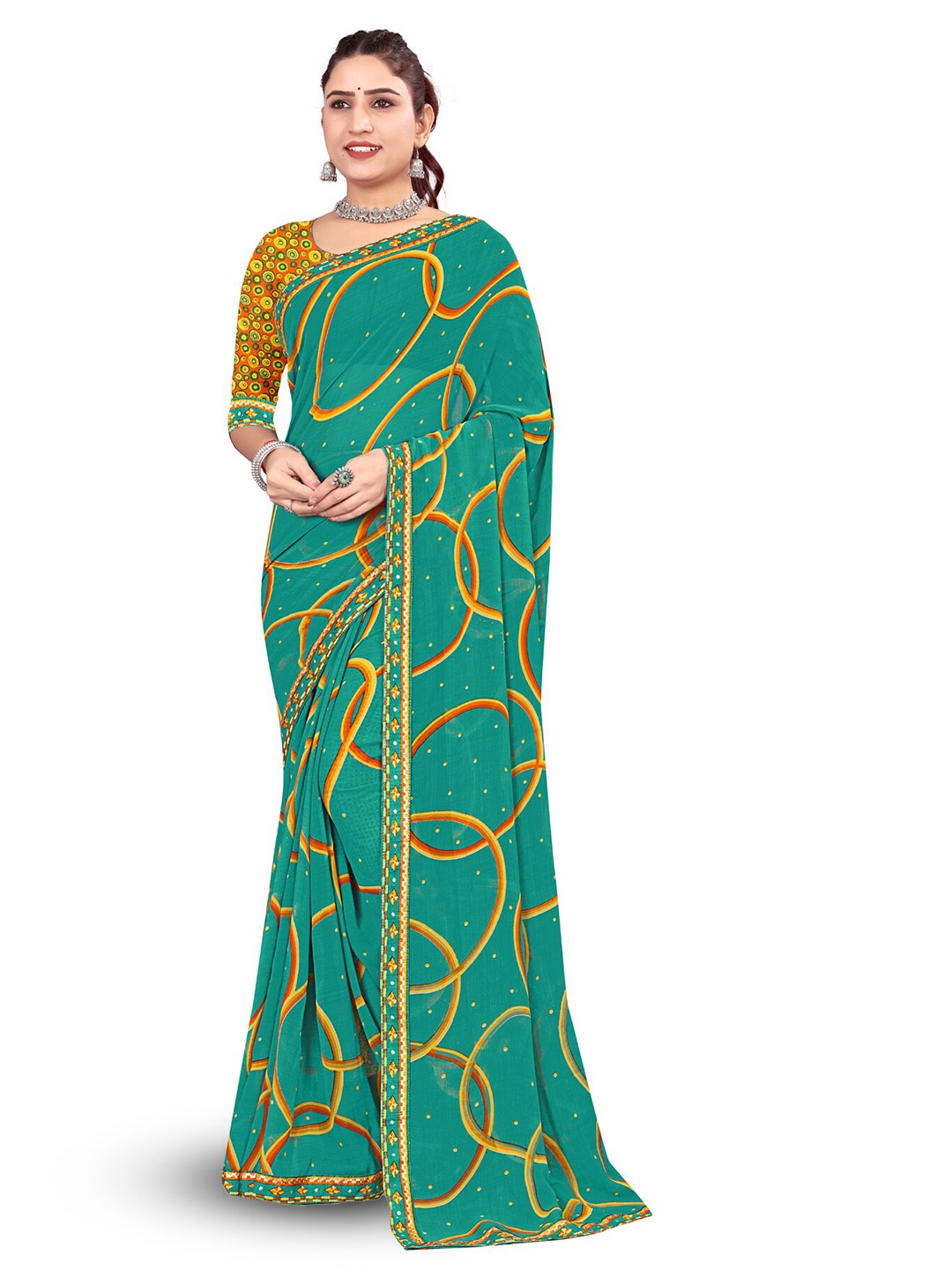 

RANGRASIYA Geometric Printed Saree, Teal