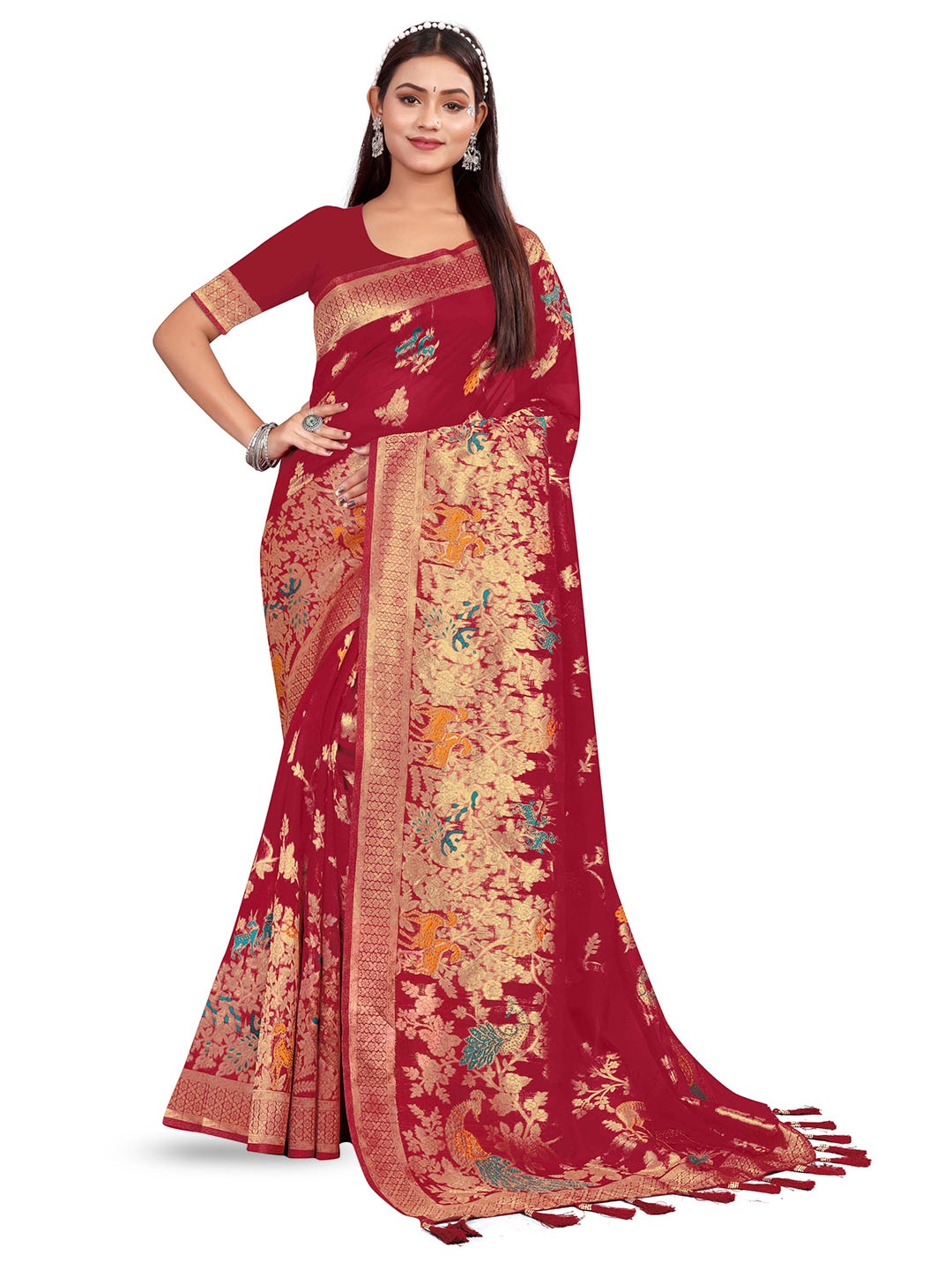 

RANGRASIYA Floral Woven Design Zari Art Silk Kanjeevaram Saree, Maroon