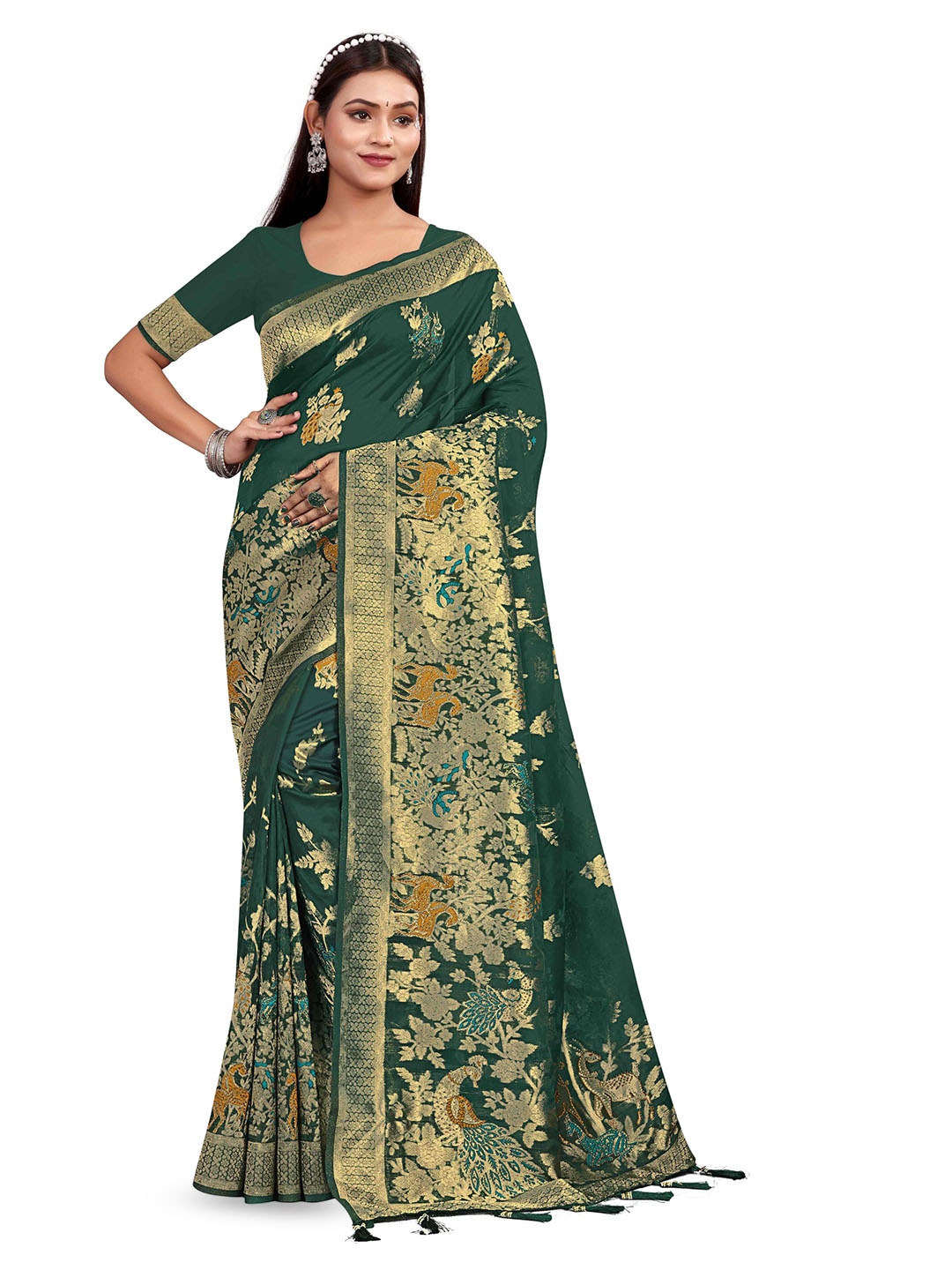 

RANGRASIYA Floral Woven Design Zari Art Silk Kanjeevaram Saree, Green