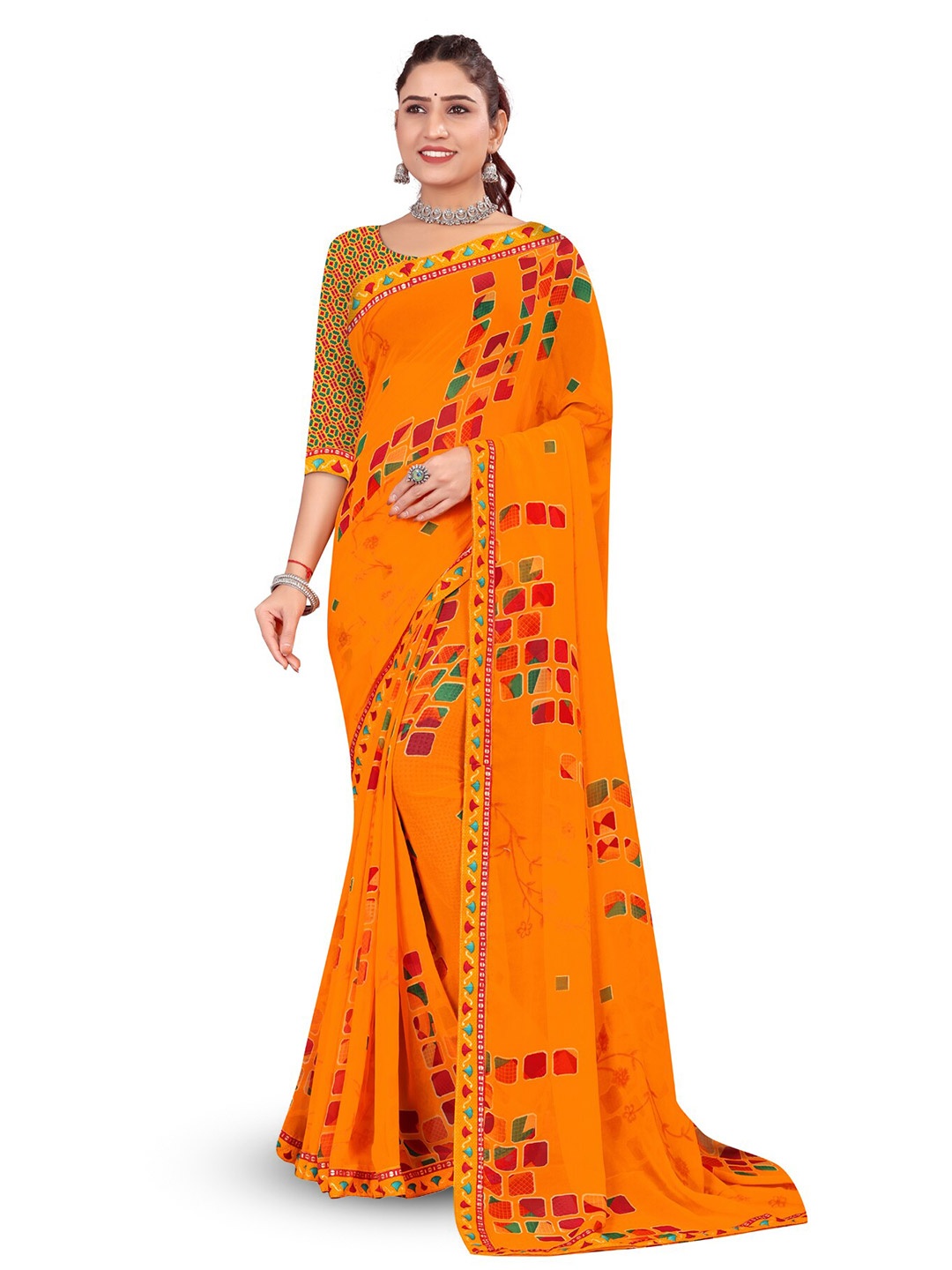 

RANGRASIYA Geometric Printed Saree, Orange