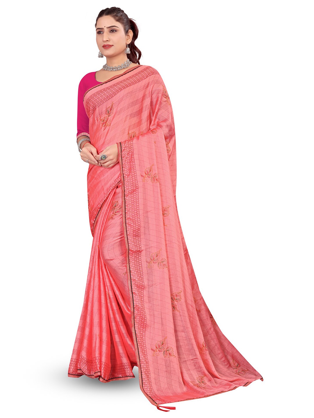 

RANGRASIYA Floral Printed Gotta Patti Bhagalpuri Saree, Pink