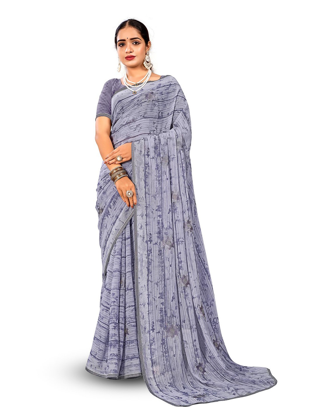 

RANGRASIYA Striped Embroidered Bhagalpuri Saree, Grey