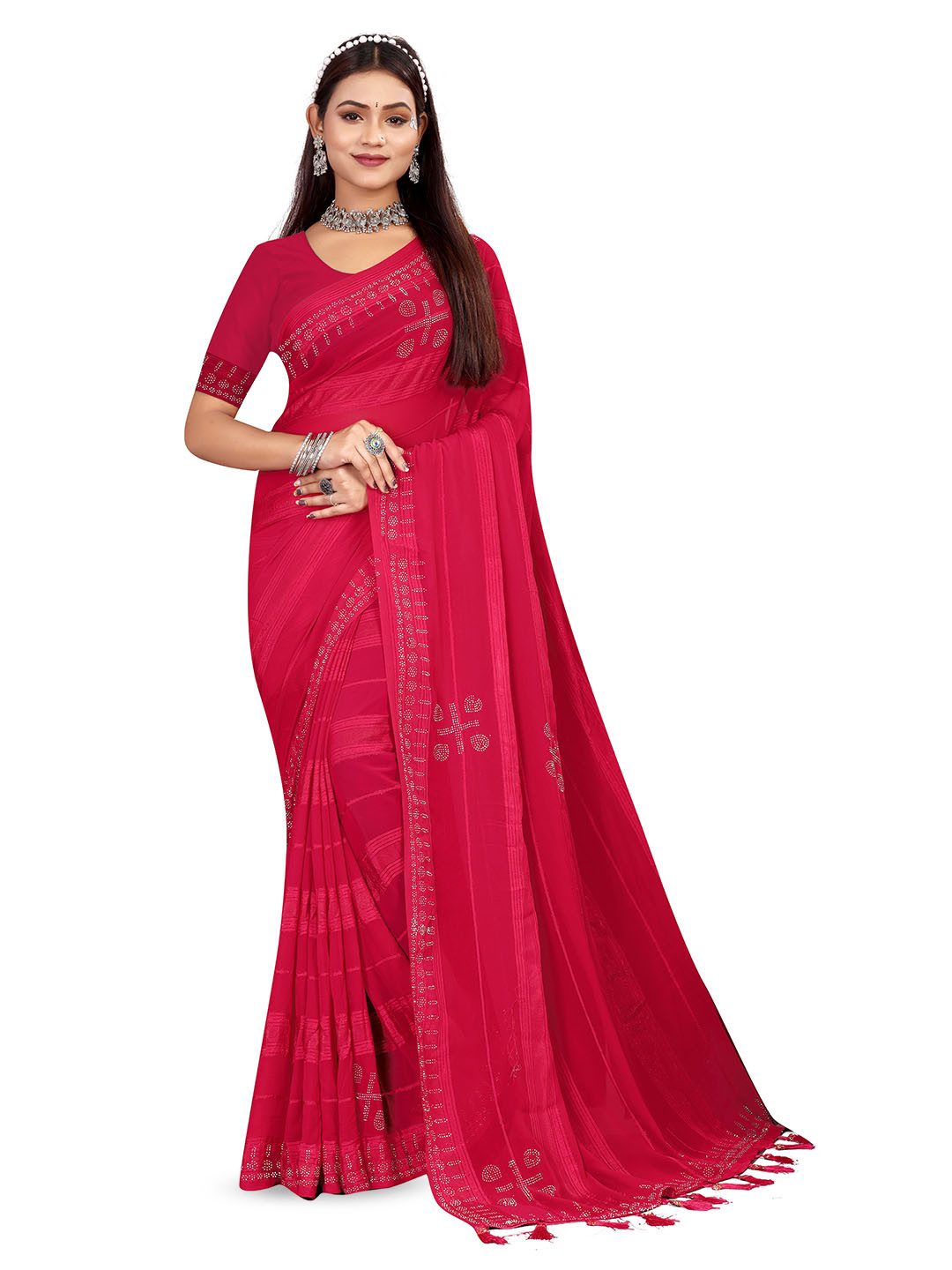 

RANGRASIYA Striped Beads and Stones Embellished Saree, Pink