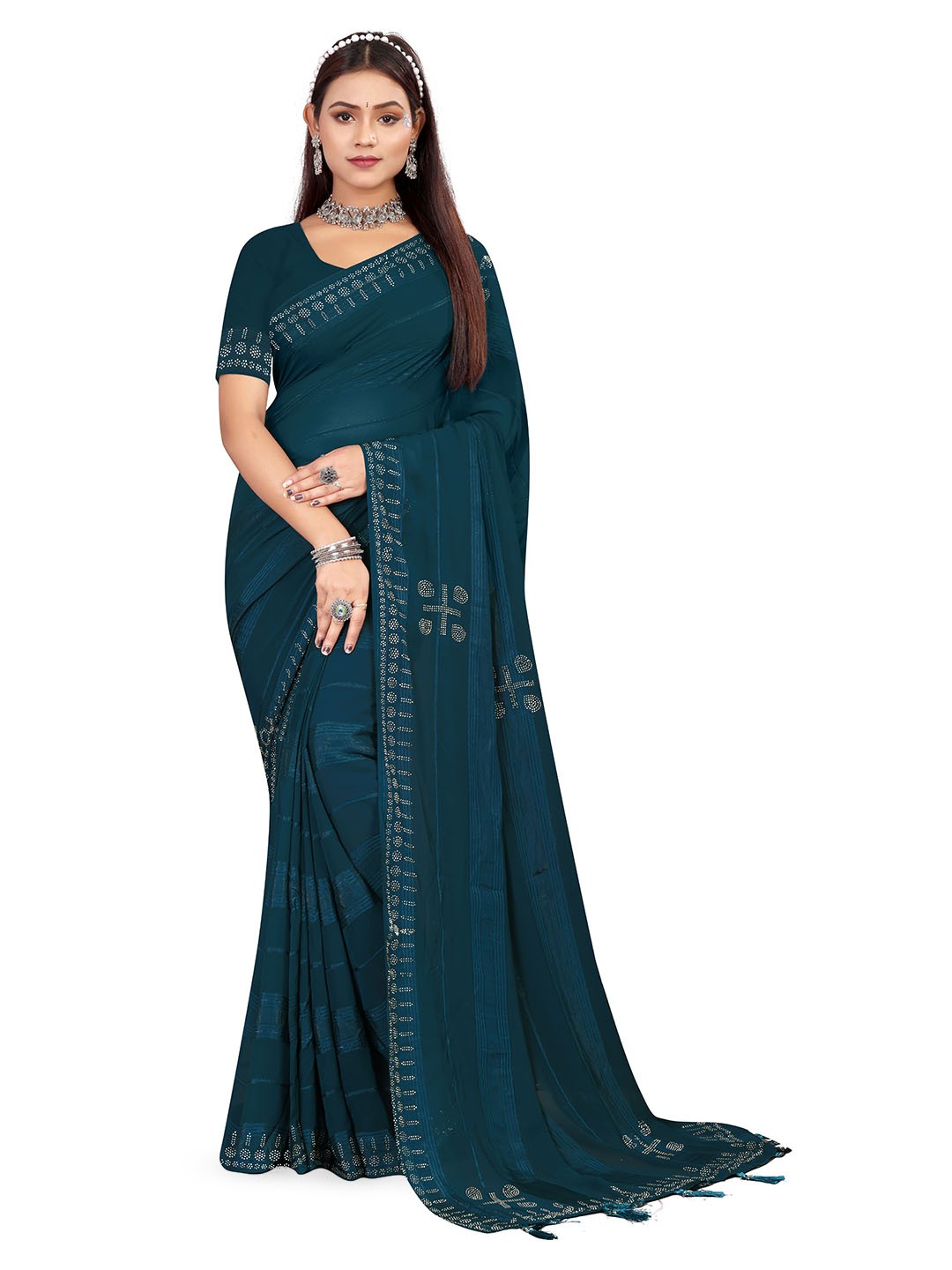 

RANGRASIYA Striped Embellished Beads and Stones Saree, Turquoise blue