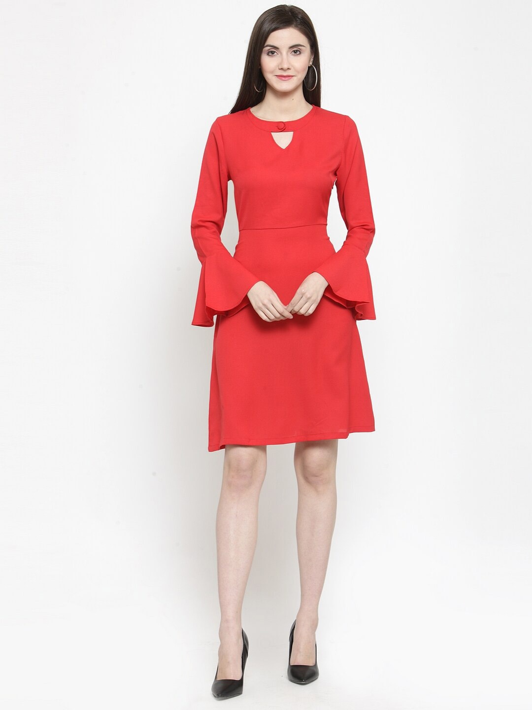 

Purple State Keyhole Neck Flared Bell Sleeve Fit & Flare Dress, Red