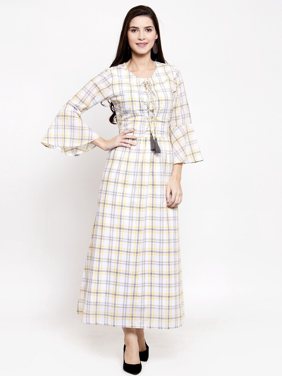 

Purple State Checked Bell Sleeve Cotton Maxi Dress, White