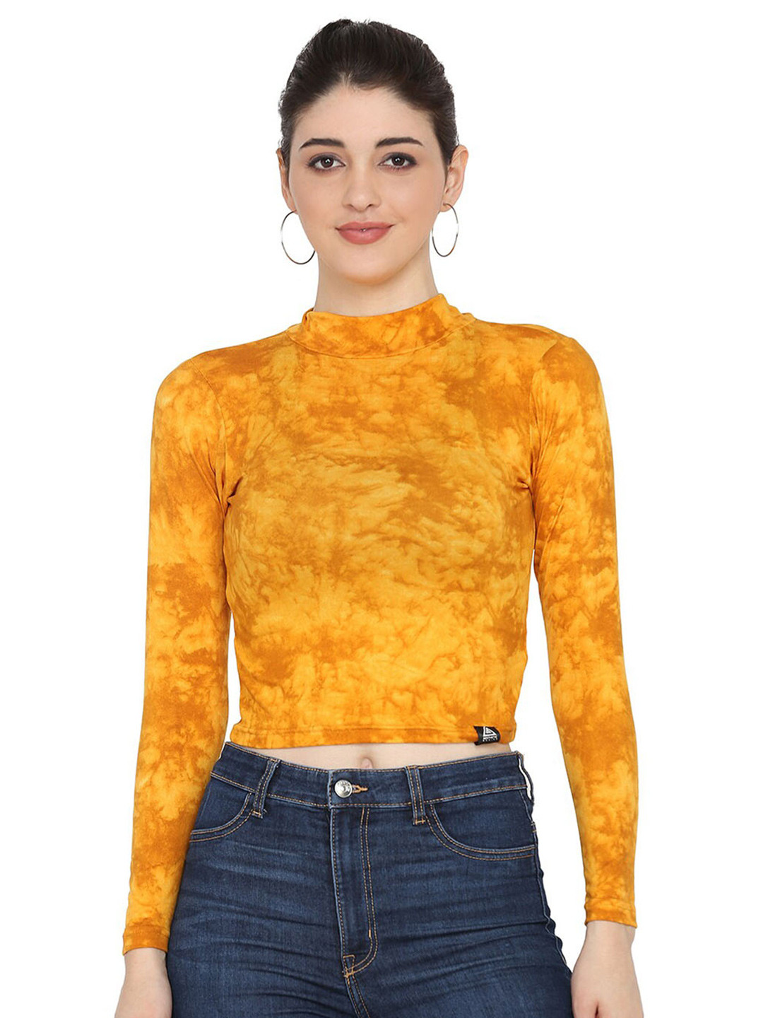

Aesthetic Bodies Abstract Printed High Neck Long Sleeves Crop Top, Yellow