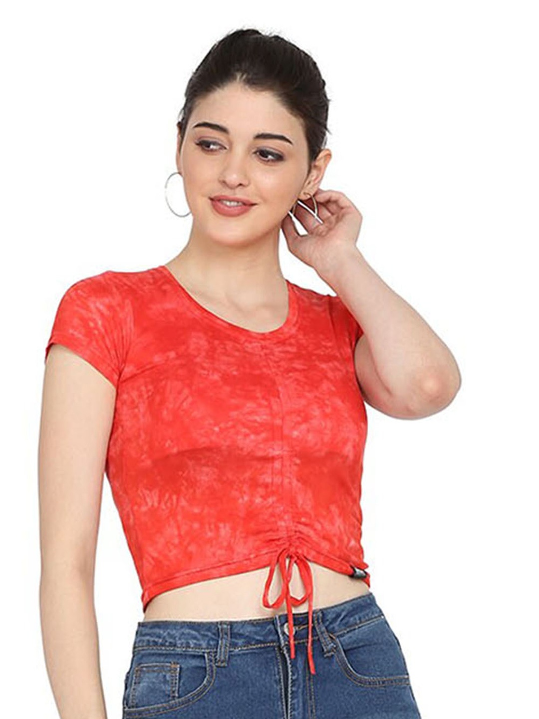 

Aesthetic Bodies Abstract Printed Ruched Round Neck Short Sleeves Crop Top, Red