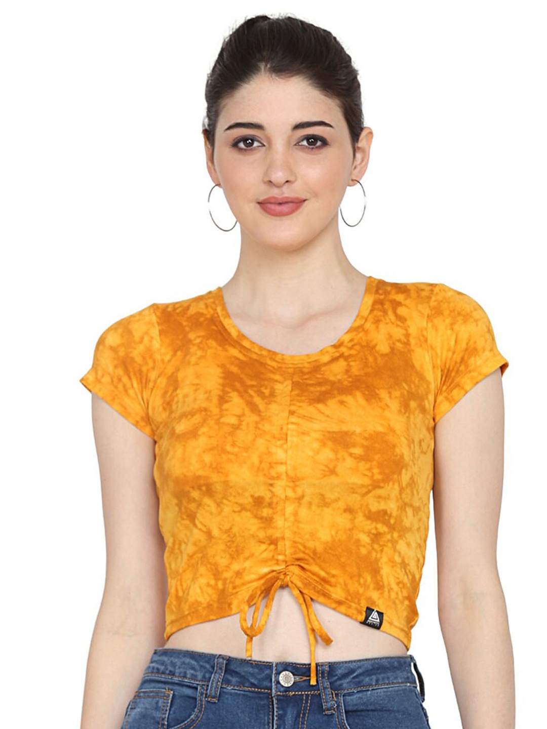 

Aesthetic Bodies Abstract Printed Ruched Round Neck Short Sleeves Crop Top, Yellow