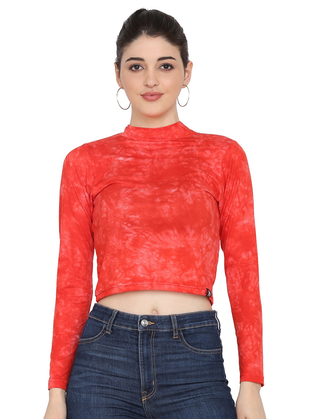

Aesthetic Bodies Tie & Dye High Neck Full Sleeves Crop Top, Red
