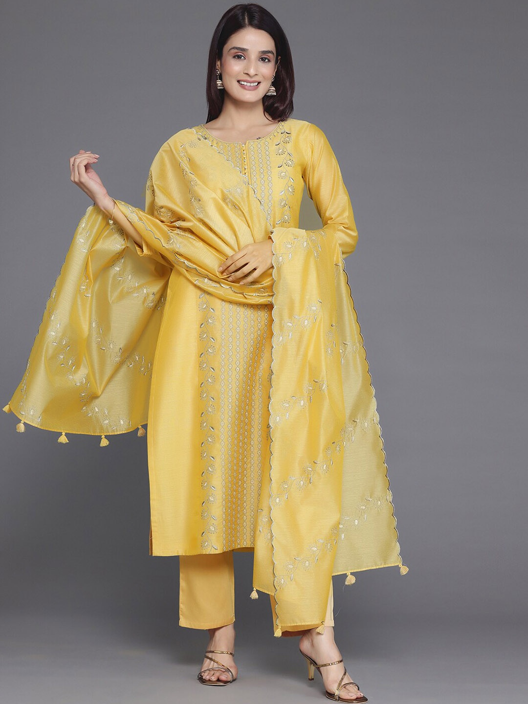 

Libas Floral Embroidered Thread Work Straight Kurta With Trousers & Dupatta, Yellow