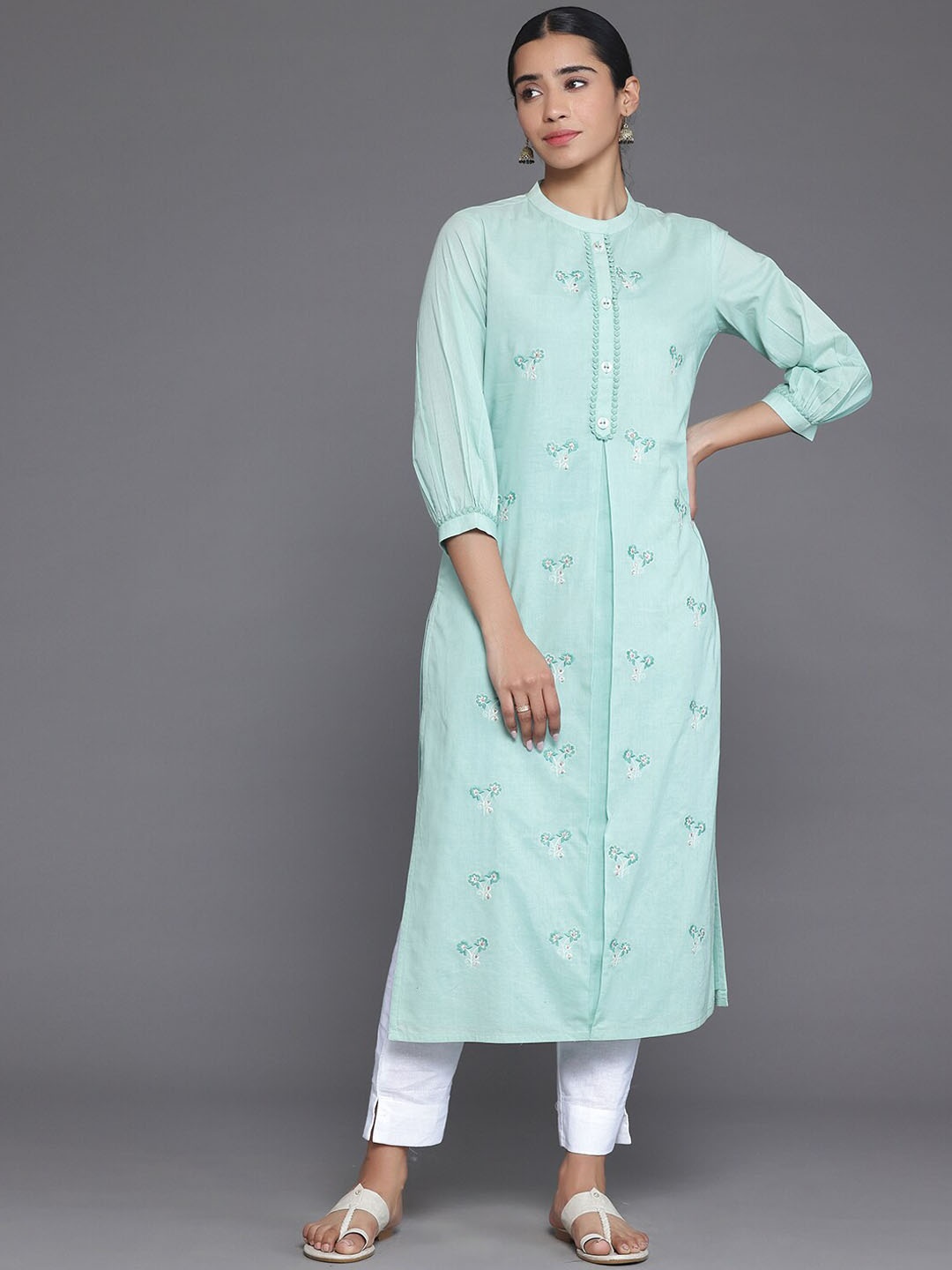 

Libas Mandarin Collar Thread Work Kurta, Green