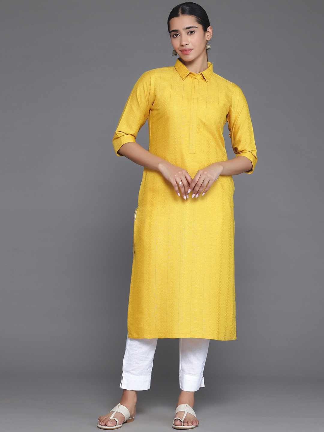 

Libas Yellow Striped Thread Work Straight Kurta