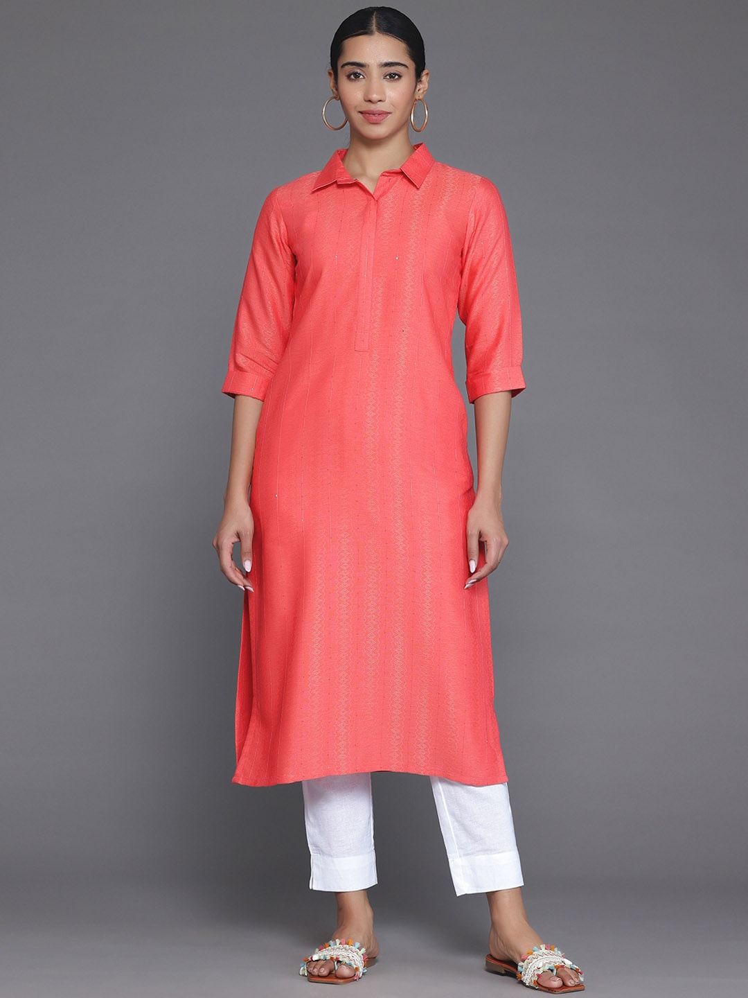 

Libas Shirt Collar Three Quarter Sleeves Cotton Kurta, Orange