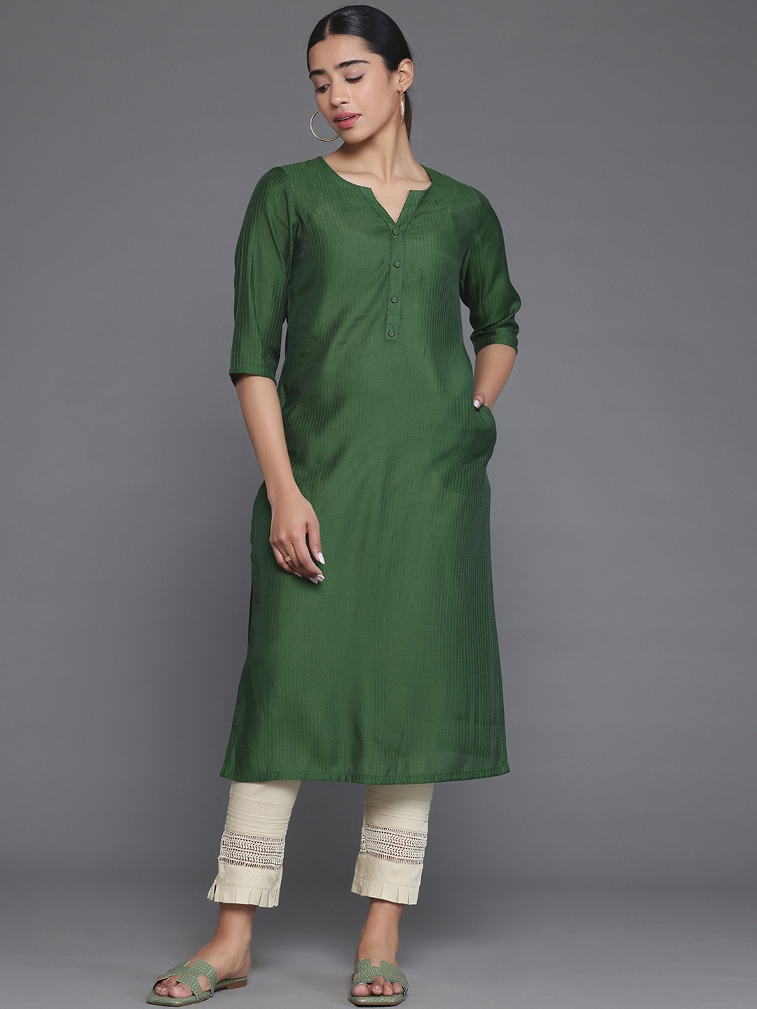 

Libas Self Design Notch Neck Straight Kurta, Green