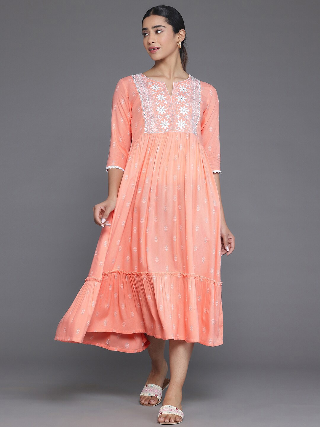 

Libas Ethnic Motifs Printed Yoke Woven Design Panelled Dress, Peach