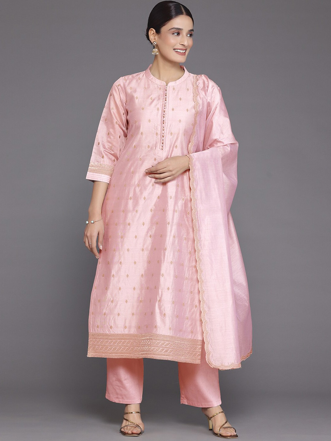 

Libas Floral Embroidered Chanderi Silk Kurta with Trousers & With Dupatta, Pink
