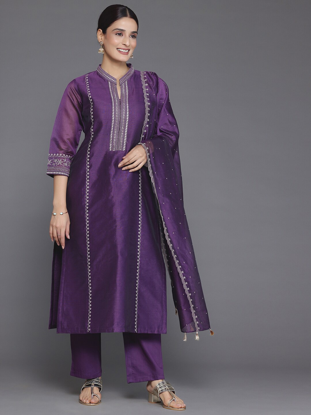 

Libas Floral Embroidered Chanderi Silk Kurta with Trousers & With Dupatta, Purple