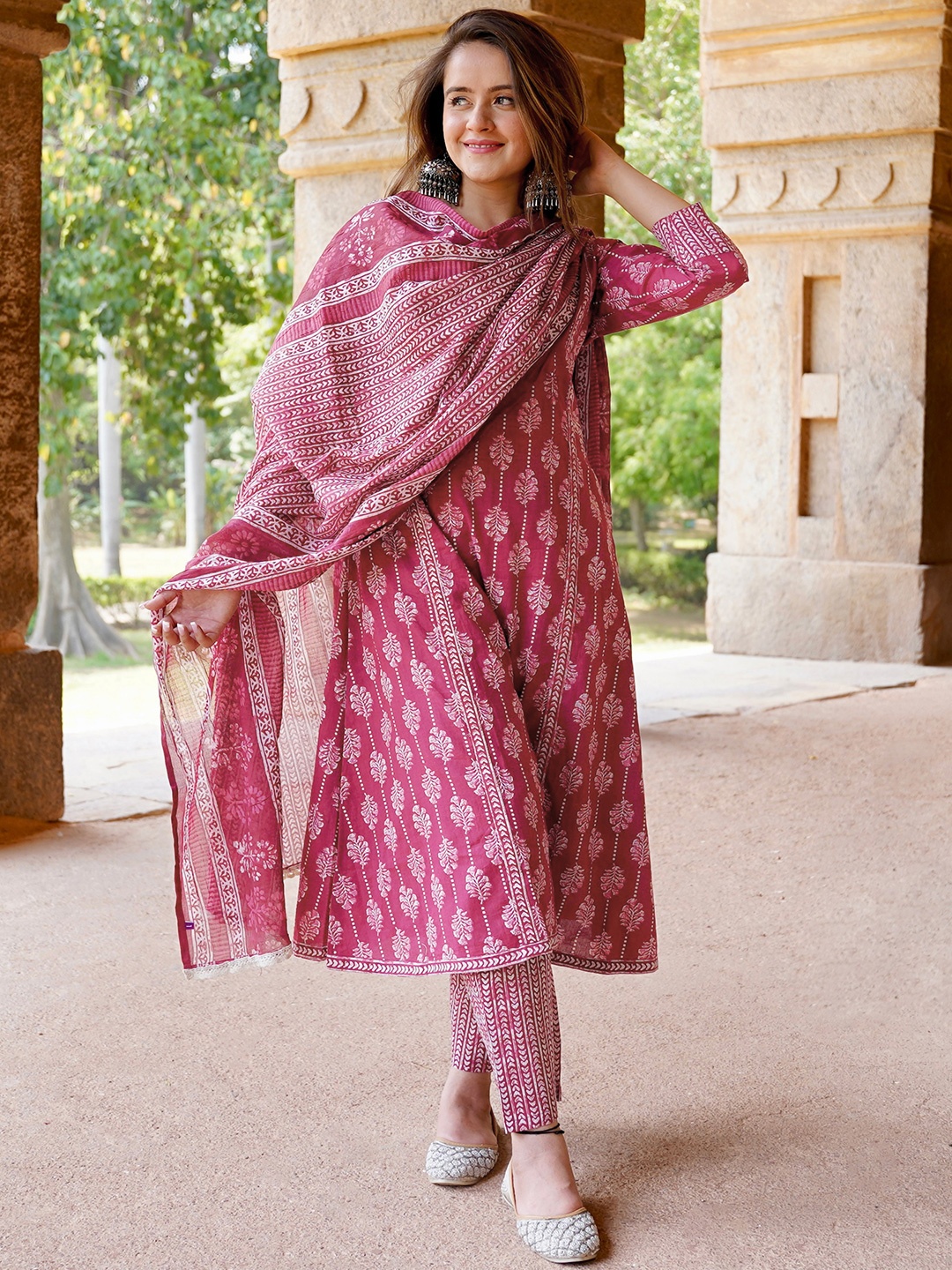 

Libas Burgundy Floral Printed A-Line Pure Cotton Kurta with Palazzos & Dupatta