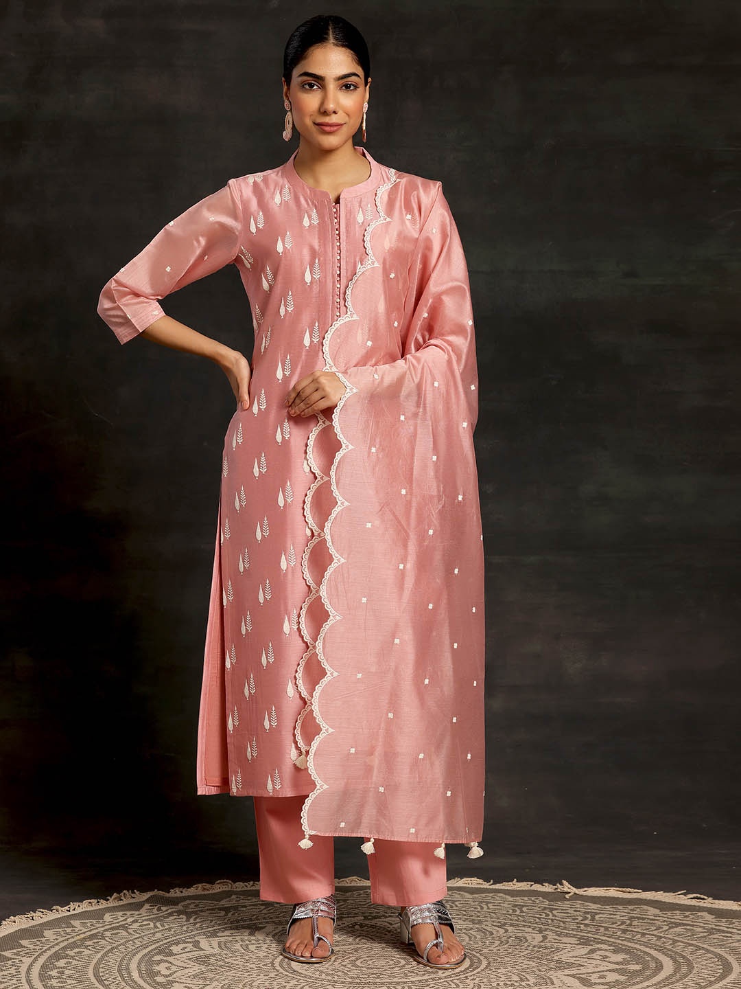 

Libas Peach Coloured Floral Embroidered Chanderi Silk Kurta with Trousers & Dupatta
