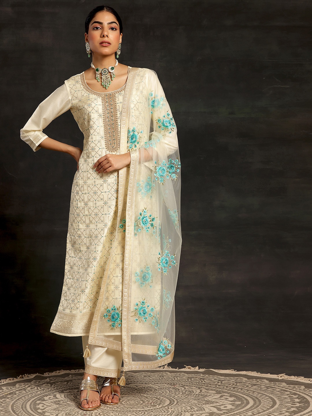 

Libas Cream Coloured Ethnic Woven Design Straight Kurta with Trousers & Dupatta