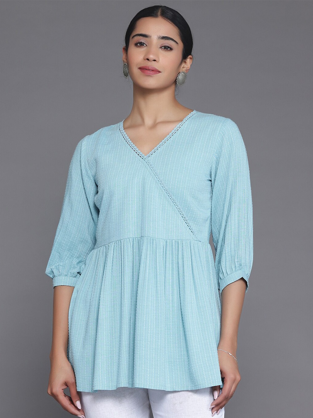 

Libas Striped Woven Design V-Neck A-Line Kurti, Blue