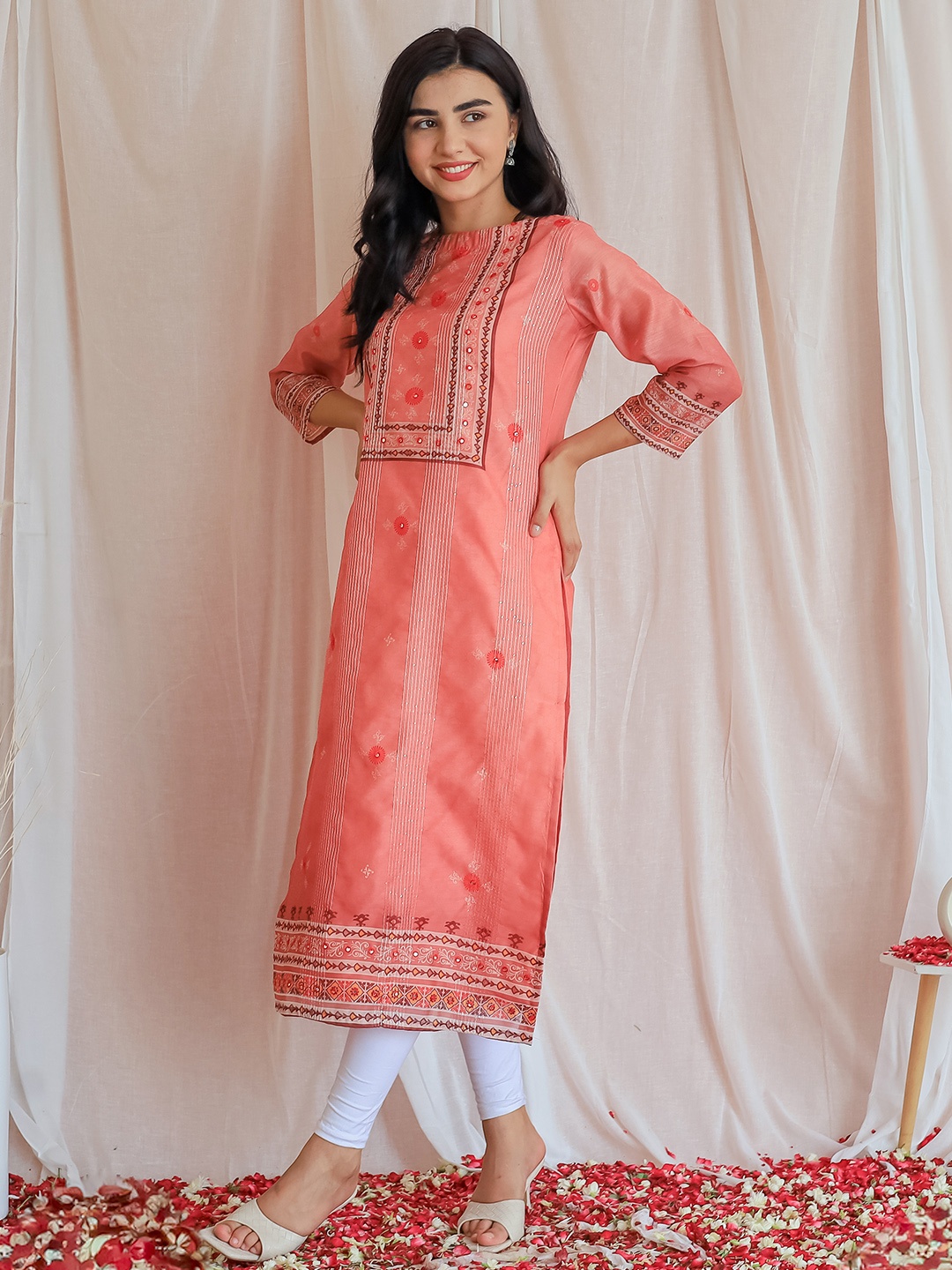 Libas Ethnic Motifs Embroidered Mirror Work Chanderi Silk Straight Kurta, Pink