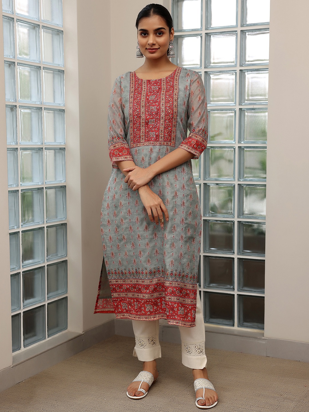 

Libas Ethnic Motifs Printed Thread Work Chanderi Silk Straight Kurta, Grey