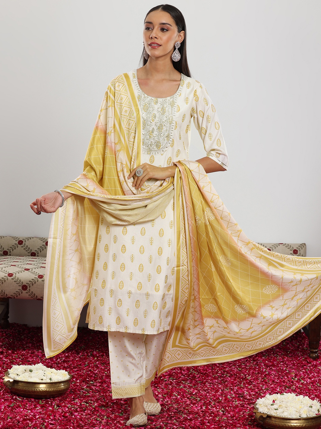 

Libas Floral Printed Regular Sequinned Kurta with Palazzo & Dupatta, Off white