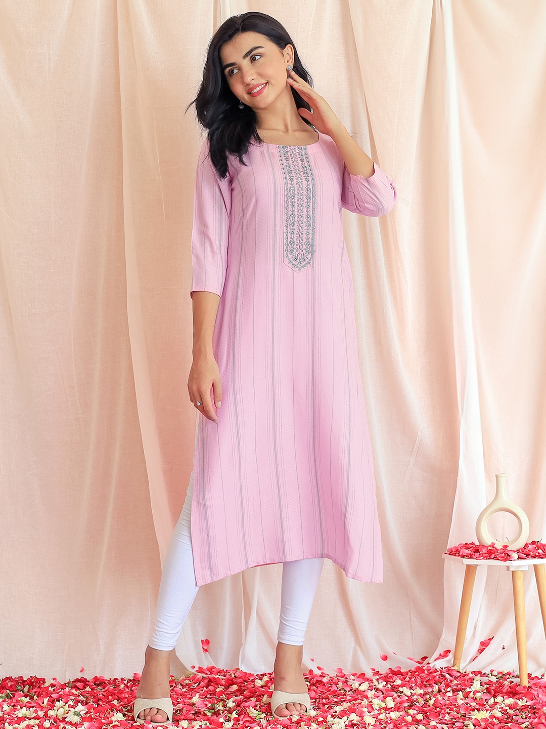 

Libas Striped Woven Design Straight Kurta, Pink