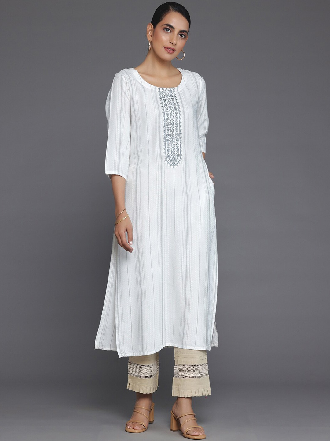 

Libas Striped Woven Design Straight Kurta, White