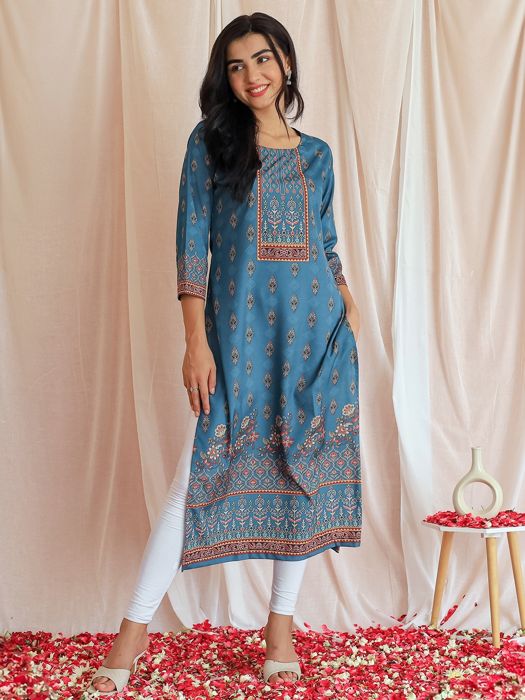 

Libas Ethnic Motifs Printed Mirror Work Crepe Kurta, Teal