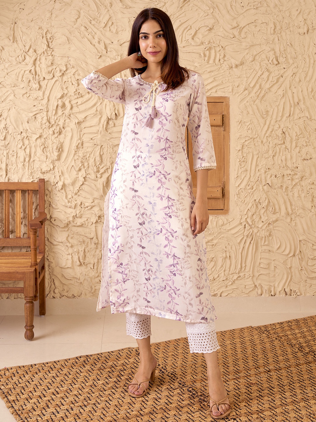 

Libas Floral Printed Tie-Up Neck Kurta, Off white