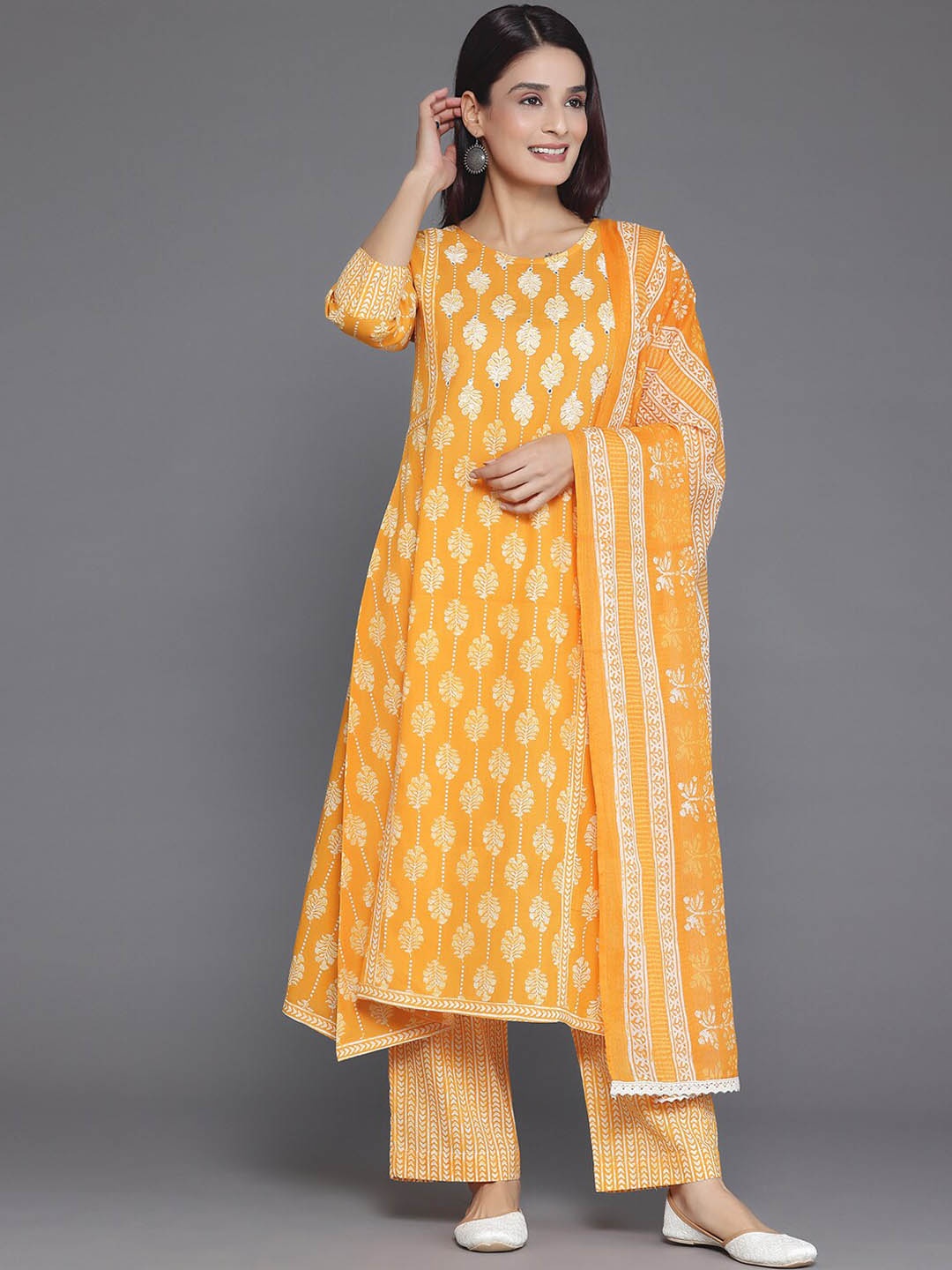 

Libas Floral Printed Empire Mirror Work Pure Cotton Kurta with Palazzo & Dupatta, Mustard