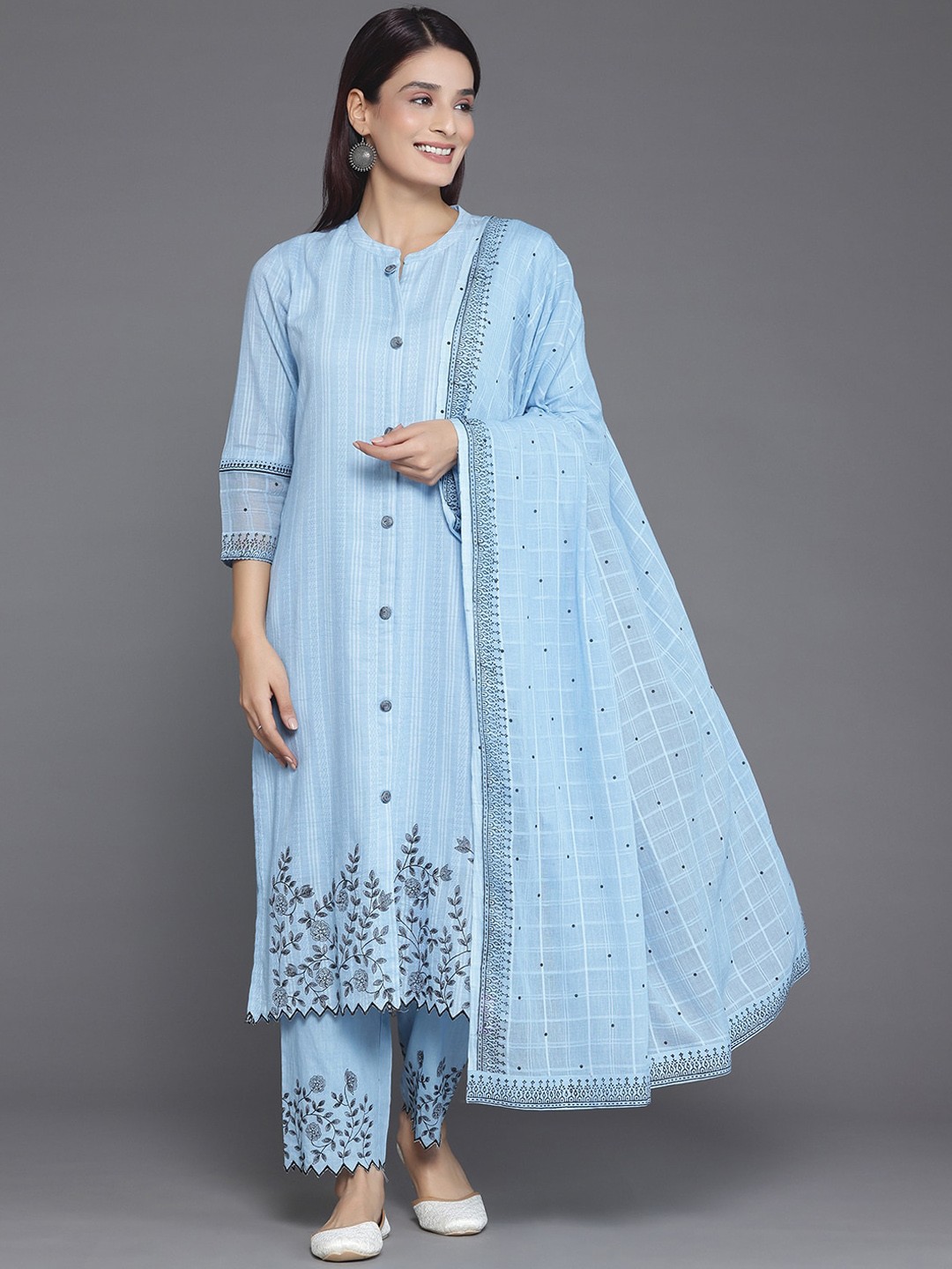 

Libas Floral Embroidered Regular Thread Work Pure Cotton Kurta with Trouser & Dupatta, Blue