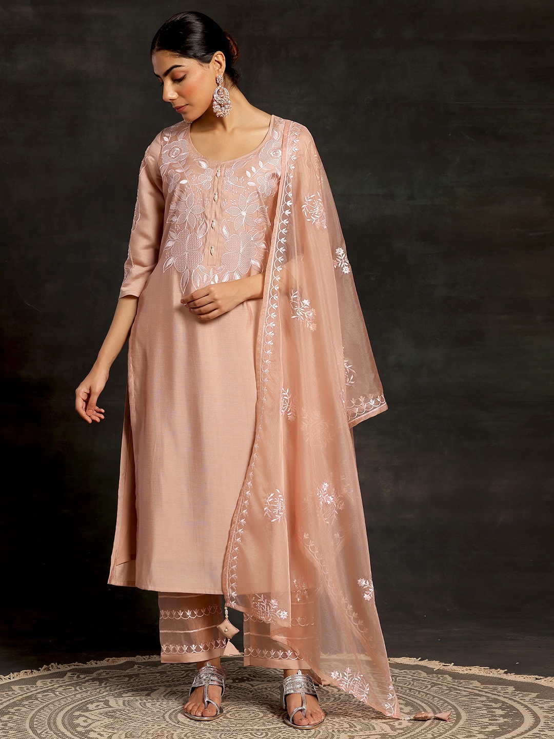 Libas Floral Yoke Design Regular Thread Work Kurta with Trouser & Dupatta, Peach
