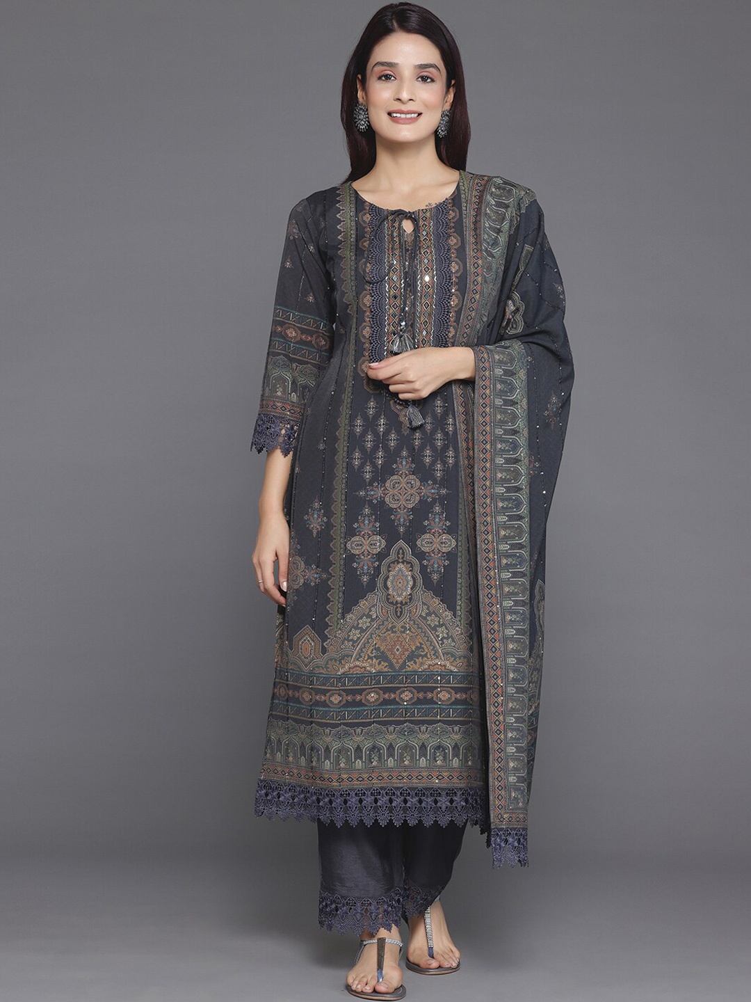 

Libas Grey Ethnic Motifs Printed Sequinned Straight Kurta With Trousers & Dupatta, Charcoal