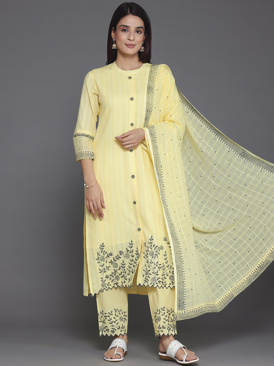 

Libas Yellow Floral Embroidered Pure Cotton Straight Kurta With Trousers & Dupatta