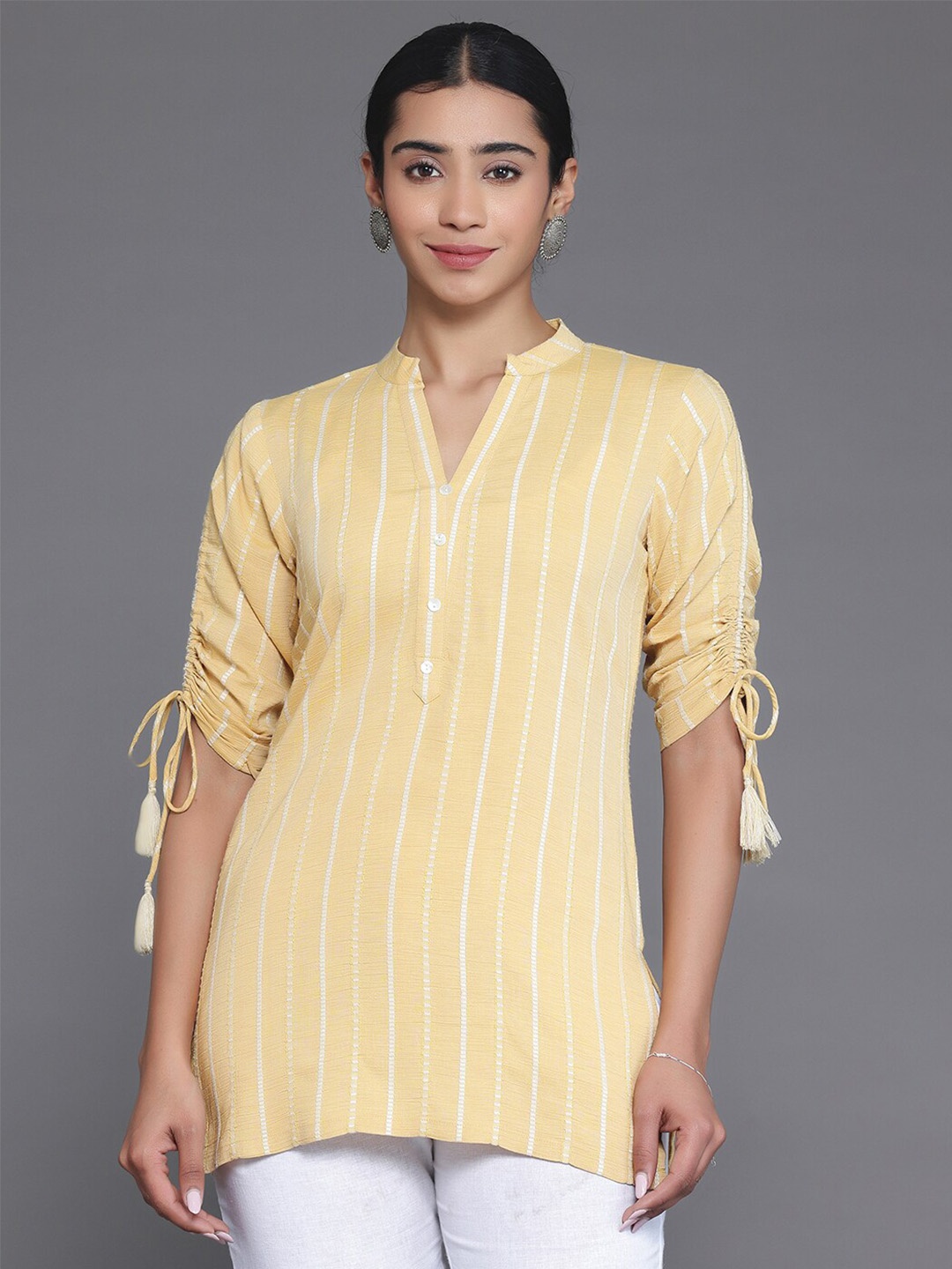 

Libas Striped Mandarin Collar Kurti, Mustard