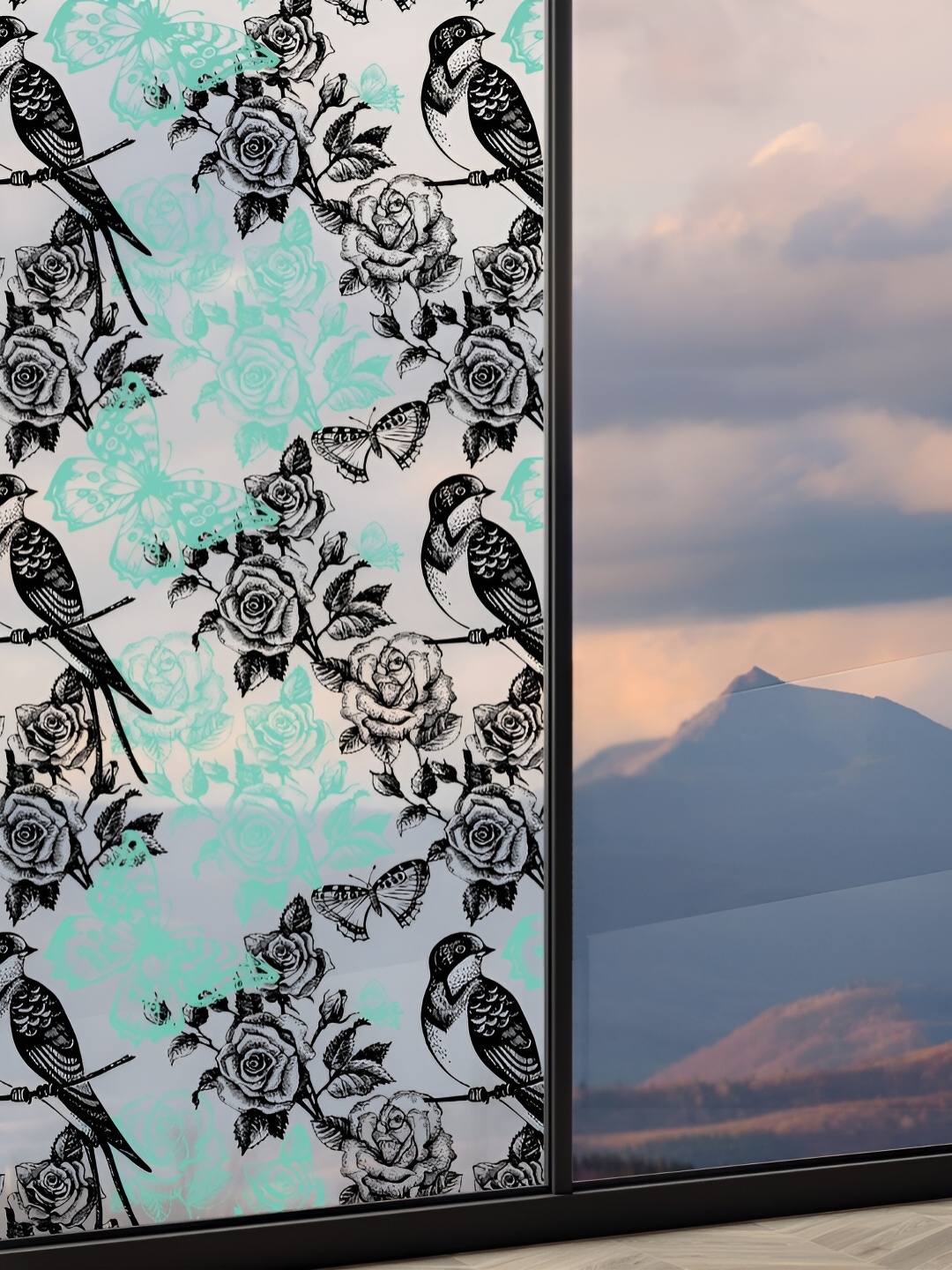 

CVANU Birds & Floral Print Self-Adhesive Privacy Window Film, Black