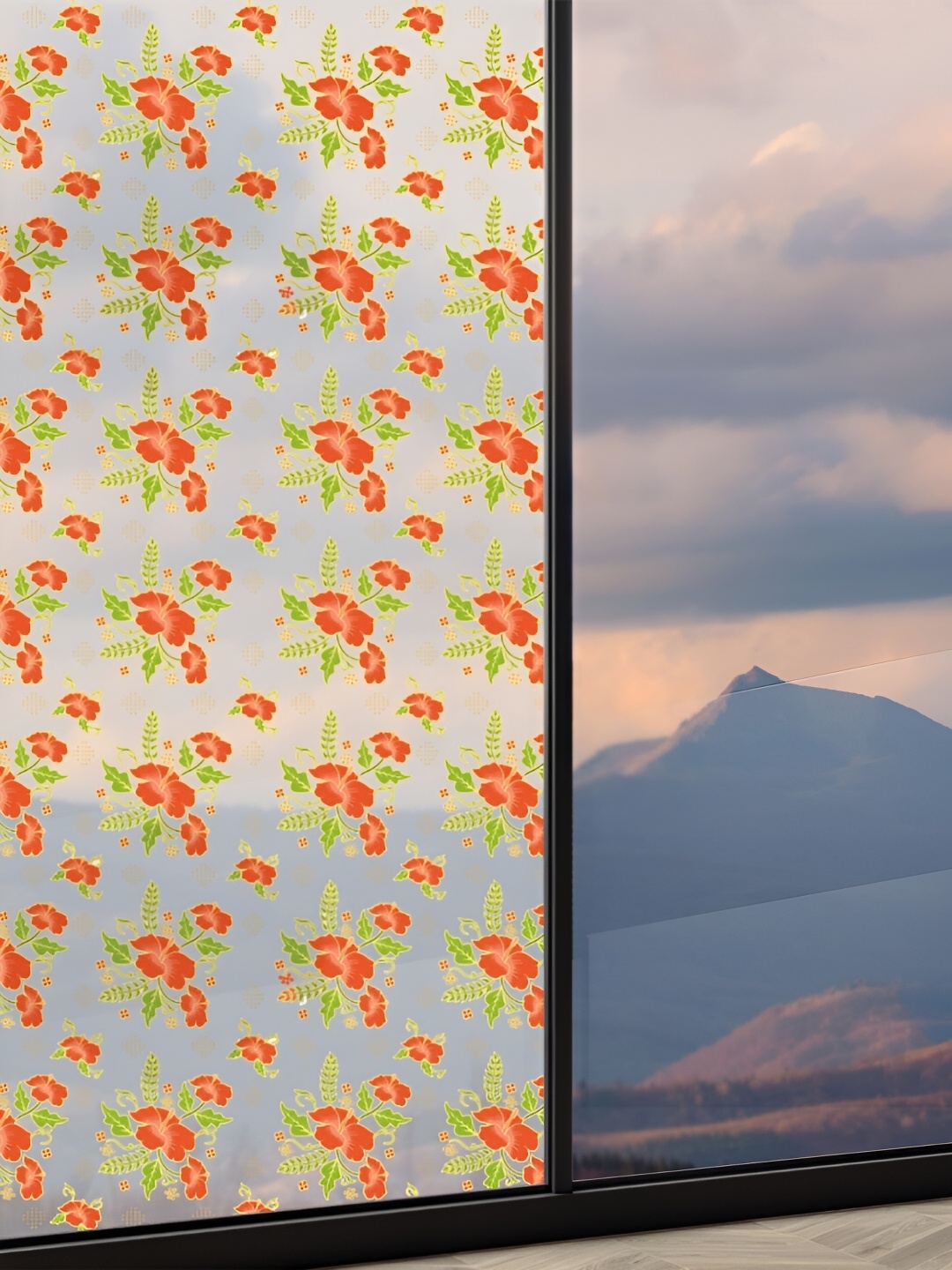 

CVANU Transparent & Orange Floral Print Self-Adhesive Privacy Window Film