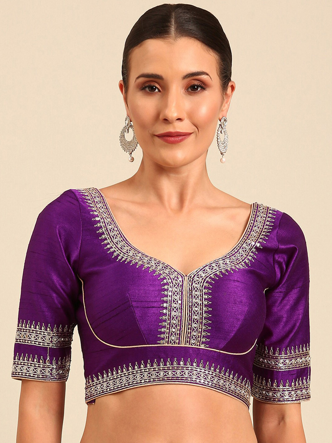 

panchhi Embroidered Pure Silk Sweetheart Neck Blouse, Purple