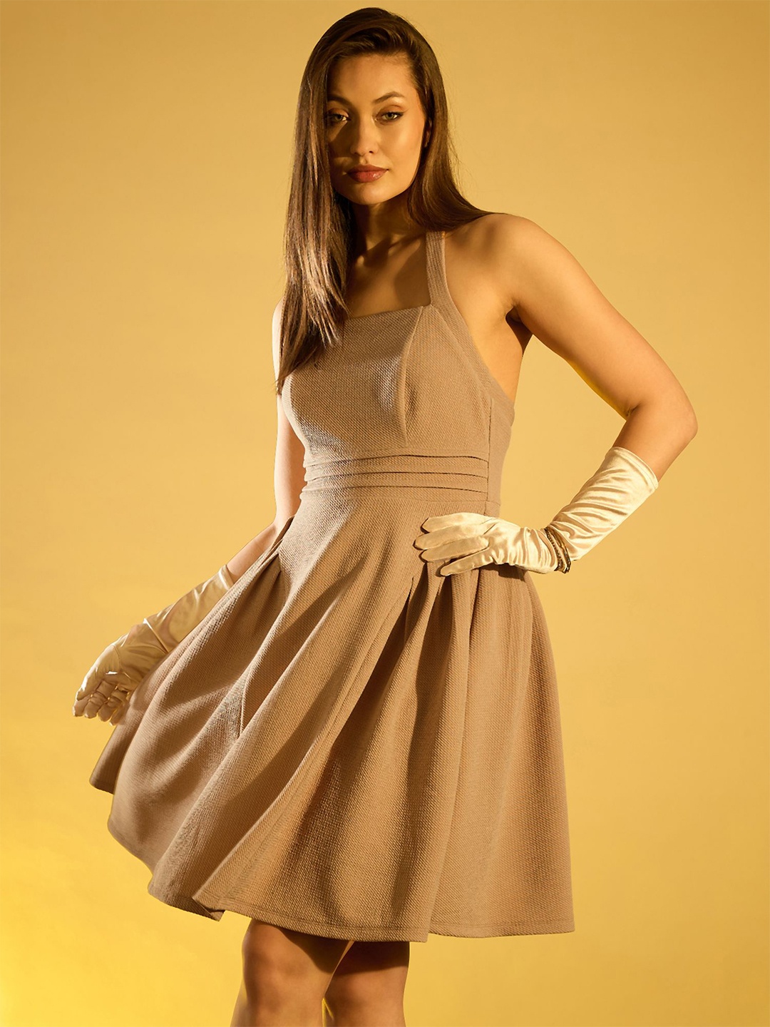 

STYLECAST X KASSUALLY Beige Halter Neck Fit & Flare Dress